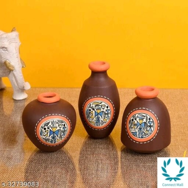 Vase Earthen Miniatures Brown Warli (So3) 2.6/3/2.4 Material: Handicraft Pack: Pack of 3